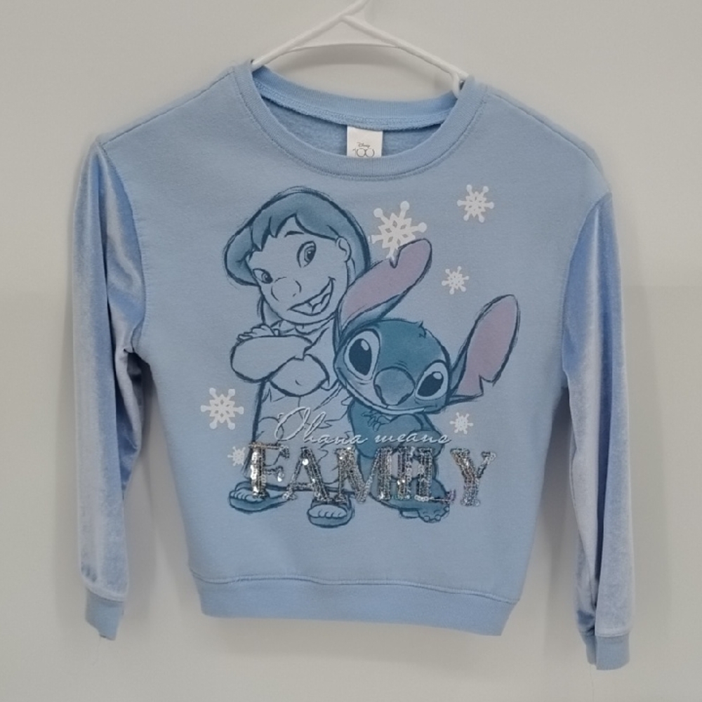 Disney 100 Blue Stitch and Lilo Sweatshirt Crew Neck Silky Arms Size S 6/6x